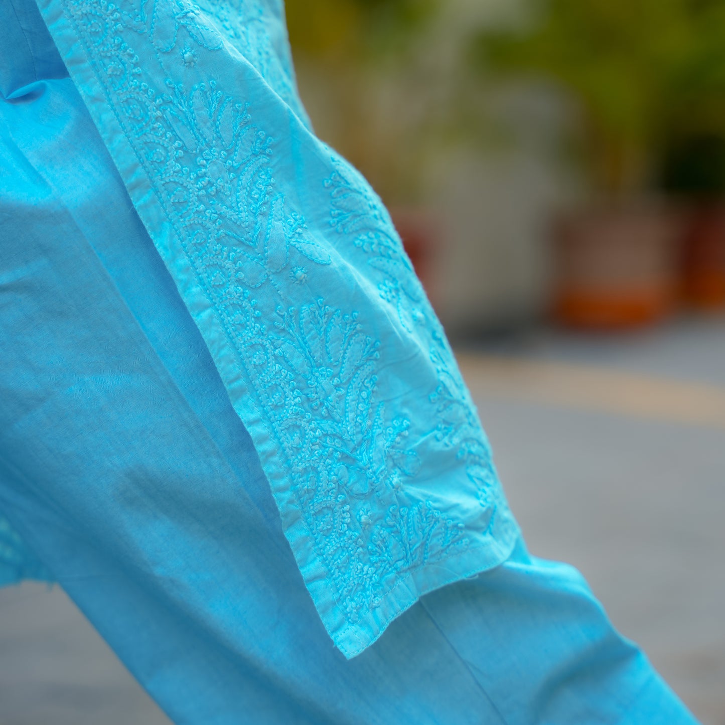 'A Summer Sky' Pleated Band Neck Blue Mul Cotton Chikankari Long Kurti