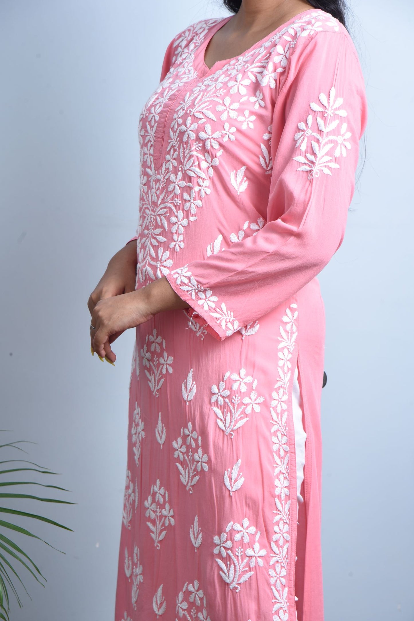 'WAW Basics' Candy Pink Modal Cotton Chikankari Kurti