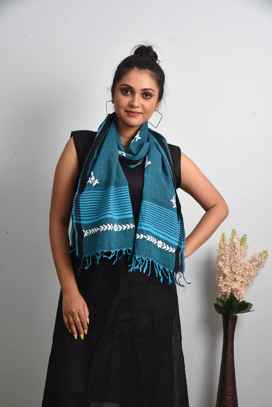 Rustic Blue Handloom Cotton Chikankari embroidered Stole