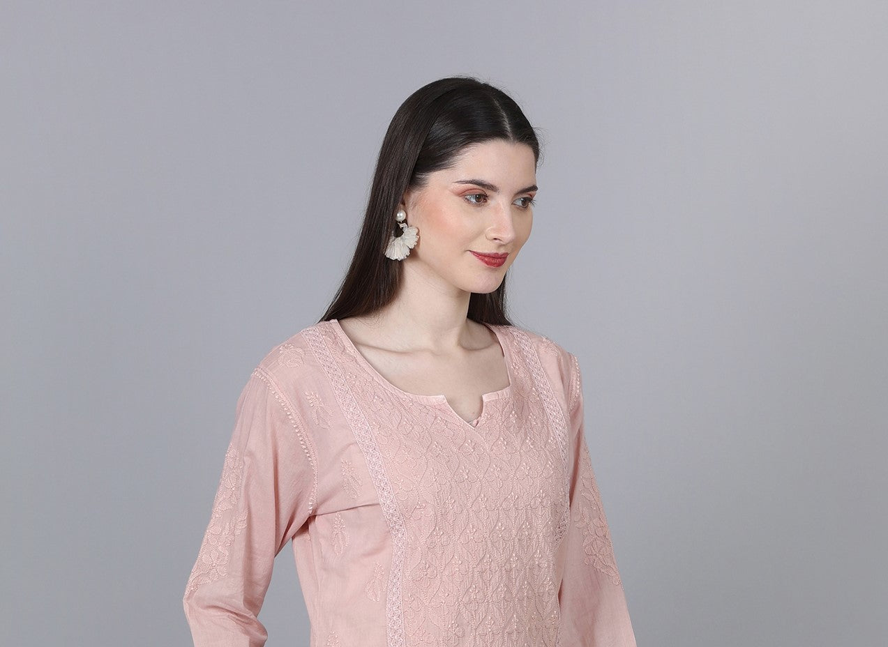 Vintage Peach Chikankari Mul Cotton Kurti