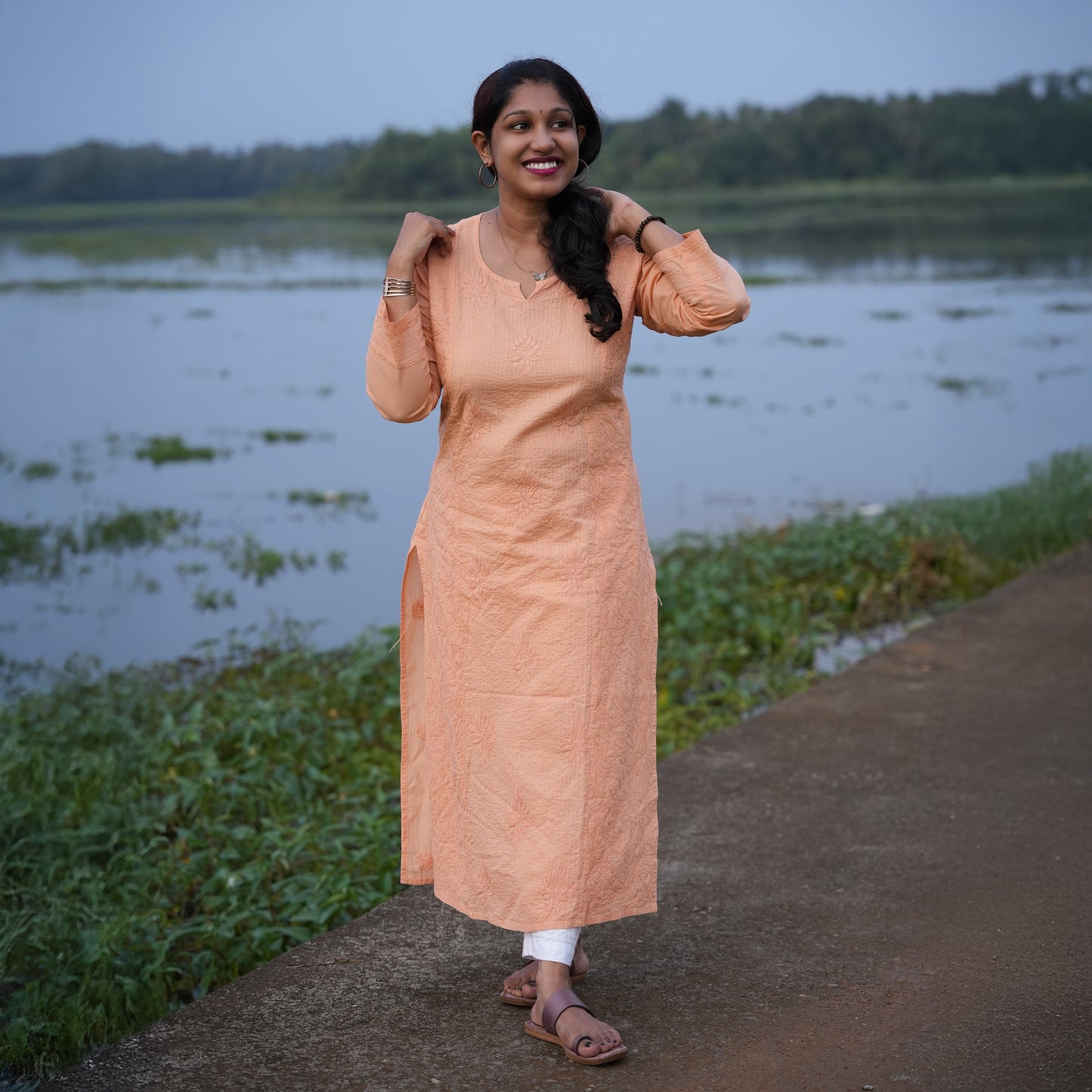 'Sunset Orange' Designer Mul Cotton Chikankari Long Kurti