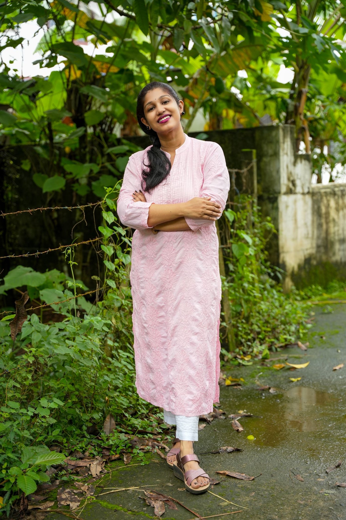 'Rose Pink' Pastel Pleated Band Neck Mul Cotton Chikankari Kurti