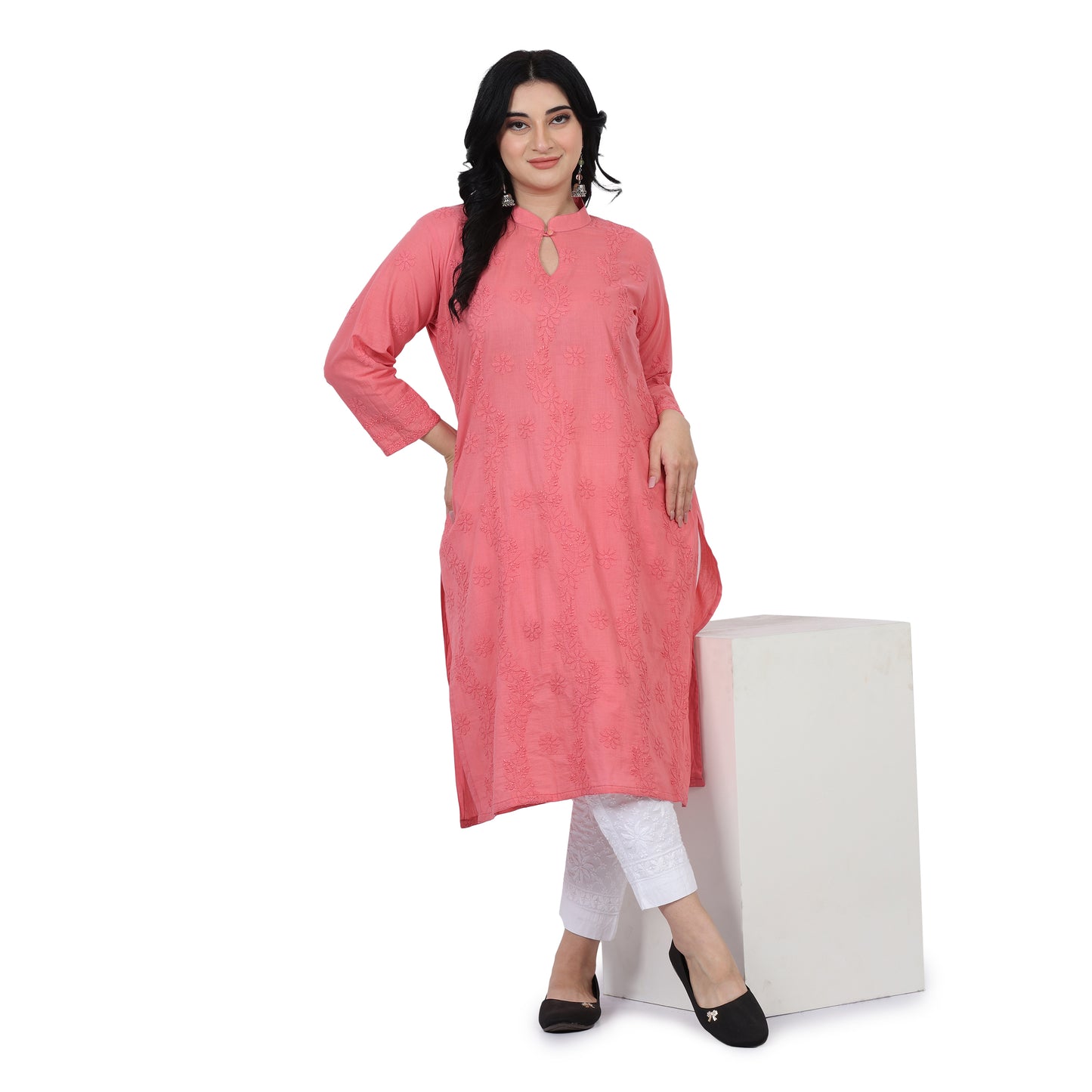 Pink Band Collar Elegant Mulmul Chikankari Kurti