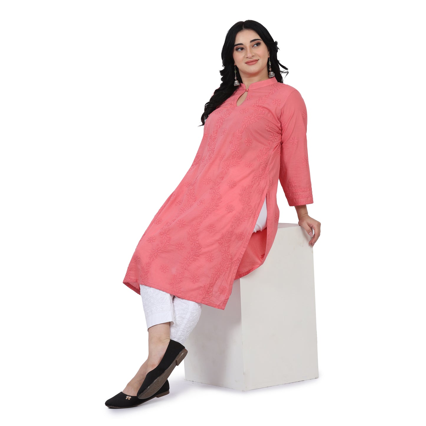 Pink Band Collar Elegant Mulmul Chikankari Kurti