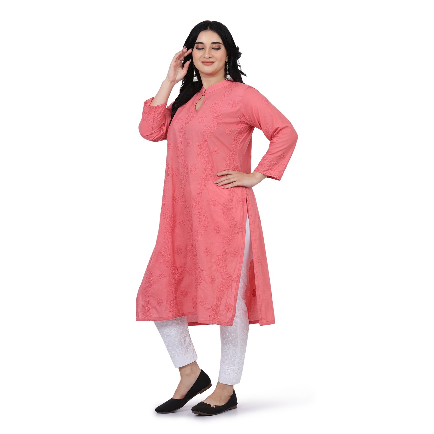 Pink Band Collar Elegant Mulmul Chikankari Kurti