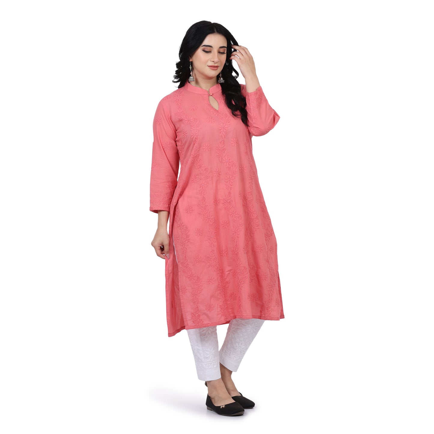 Pink Band Collar Elegant Mulmul Chikankari Kurti