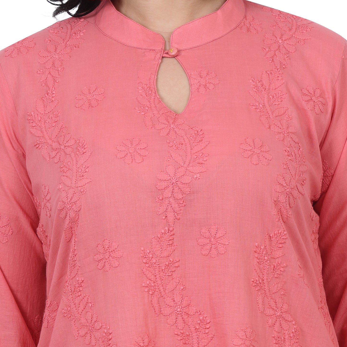 Pink Band Collar Elegant Mulmul Chikankari Kurti