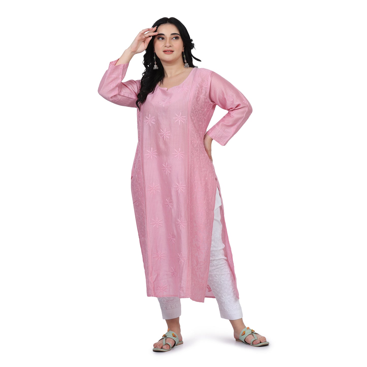 Chanderi Chikankari Pink Long Kurti