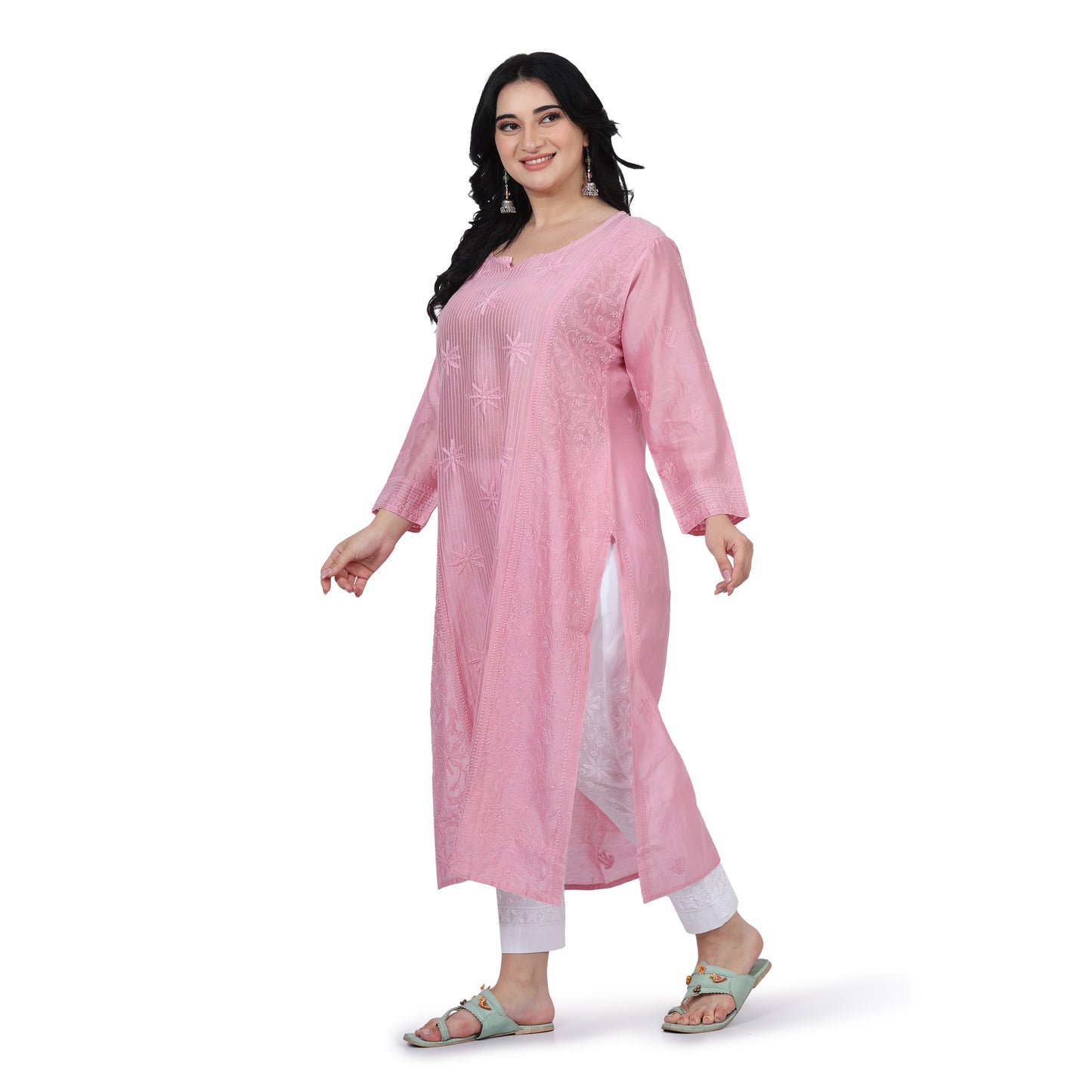 Chanderi Chikankari Pink Long Kurti