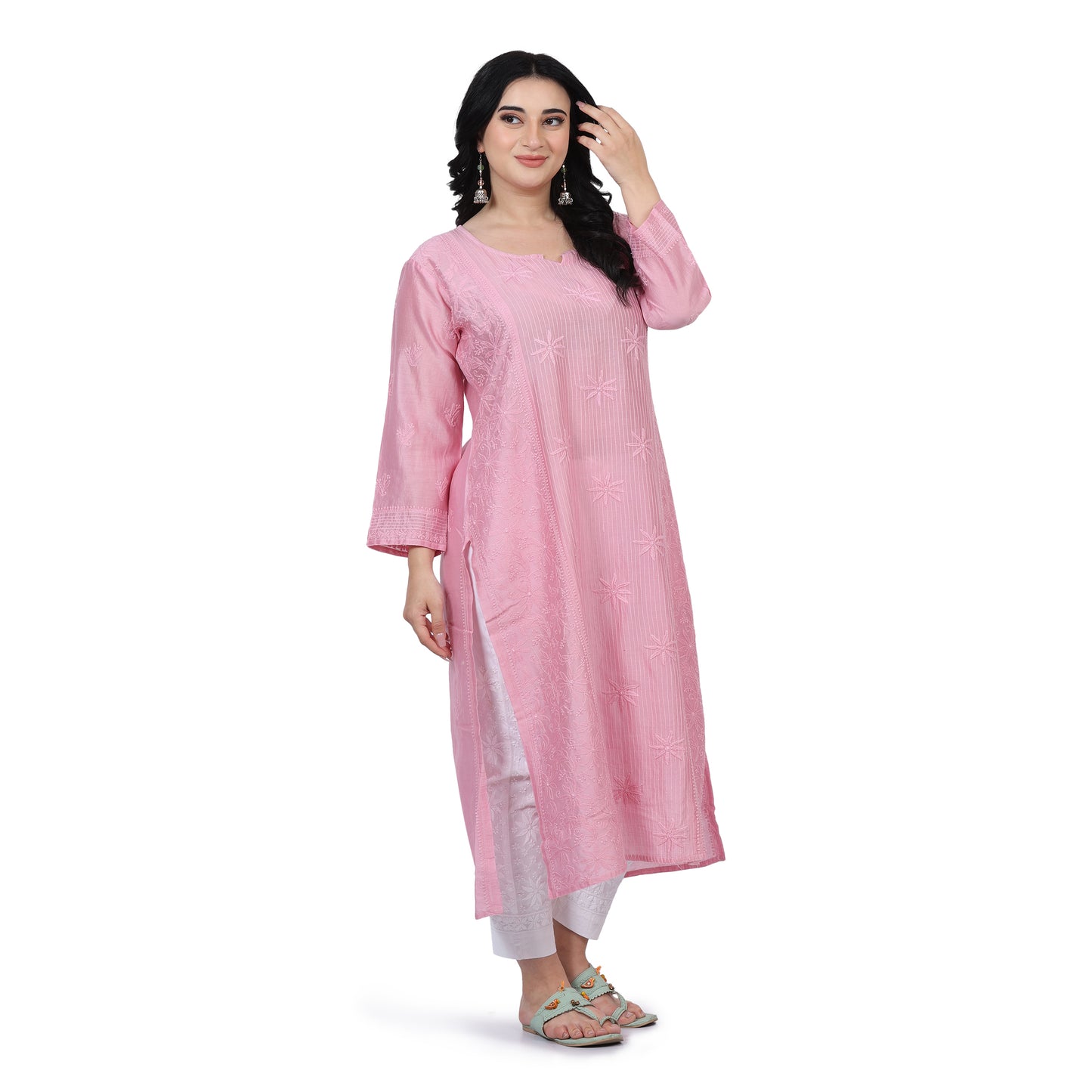 Chanderi Chikankari Pink Long Kurti