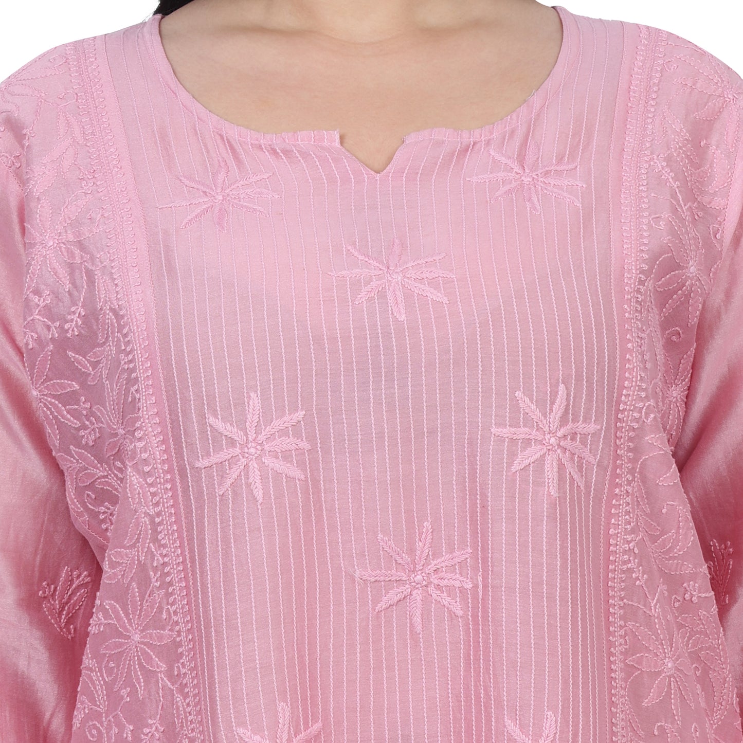 Chanderi Chikankari Pink Long Kurti