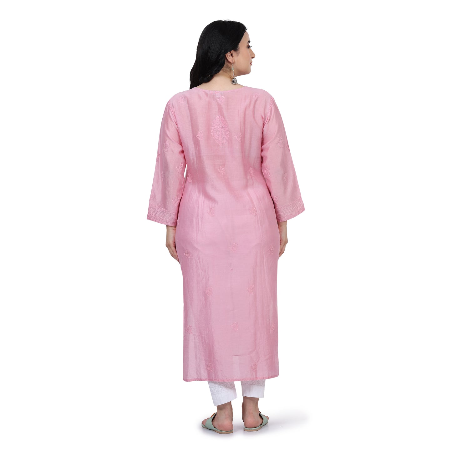 Chanderi Chikankari Pink Long Kurti