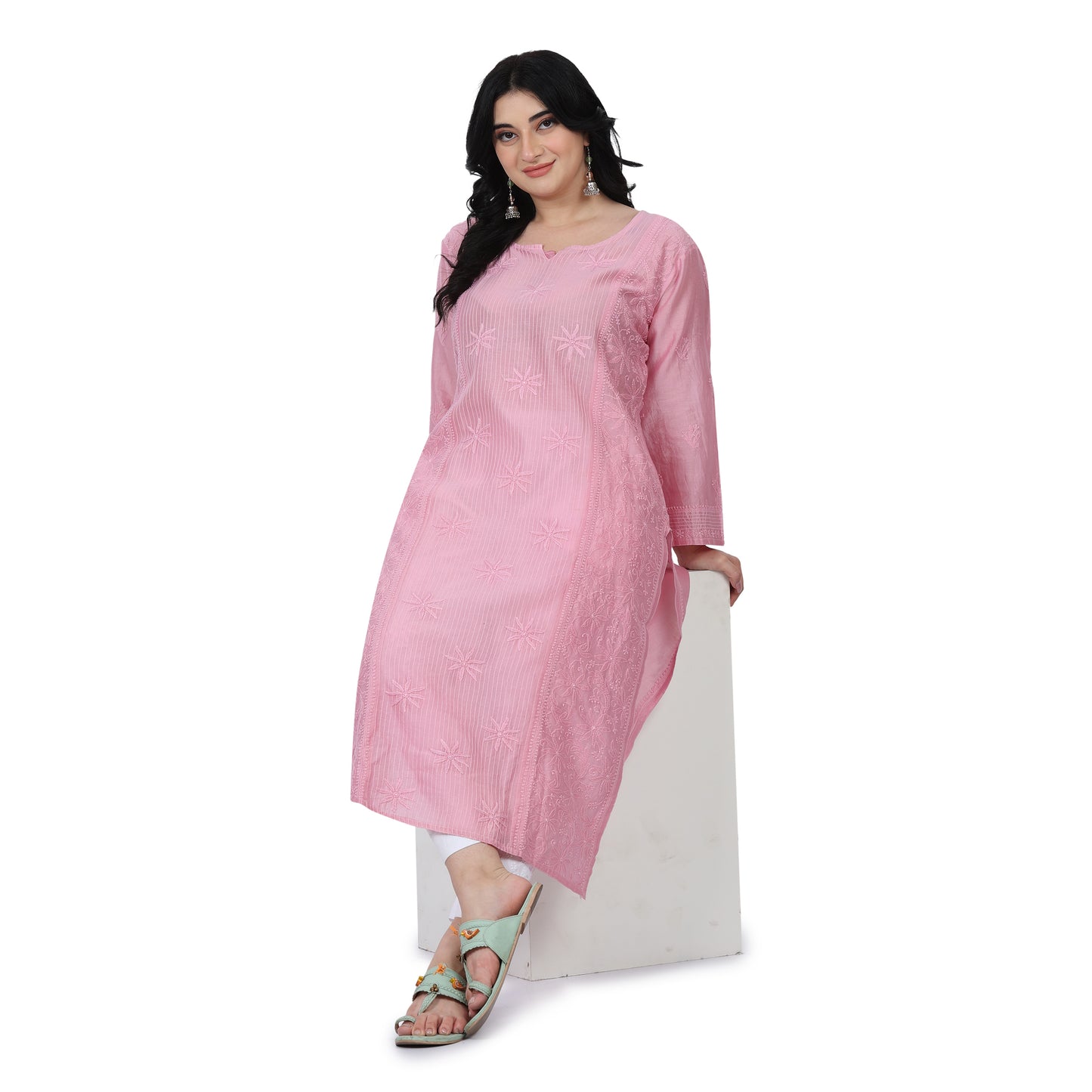 Chanderi Chikankari Pink Long Kurti