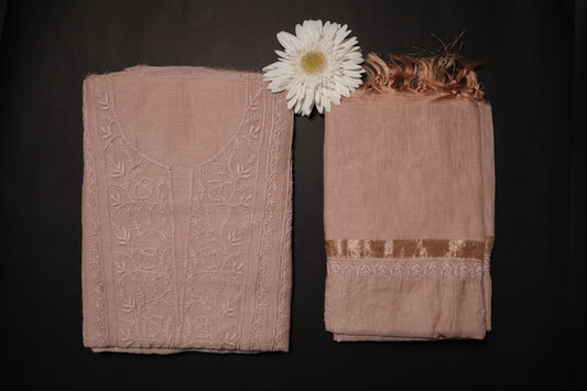 Nude Peach  Mul Chanderi Unstitched Chikankari Suit Set