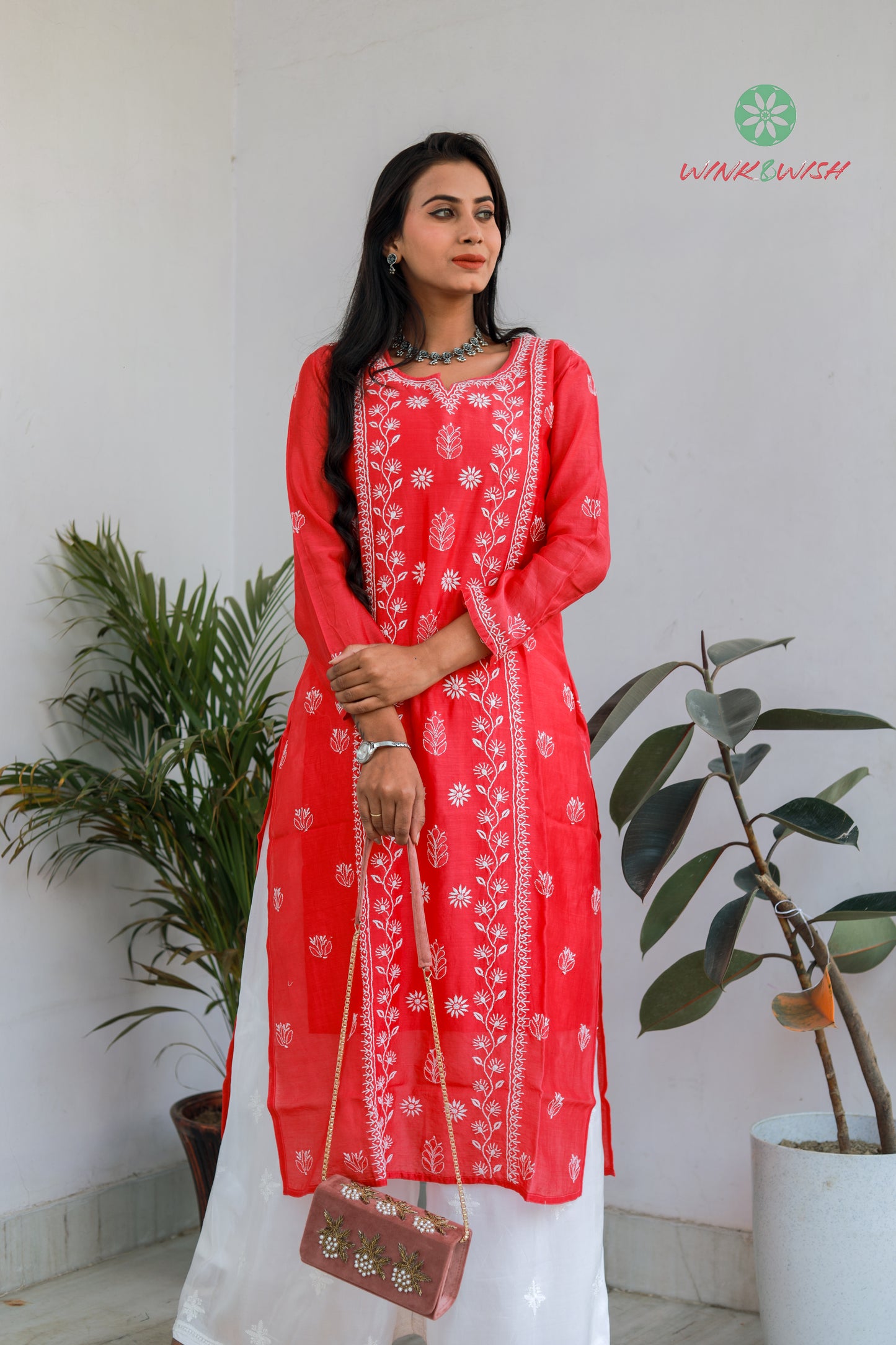 'The Queen's Heart' Mul-chanderi Magenta Chikankari Kurti