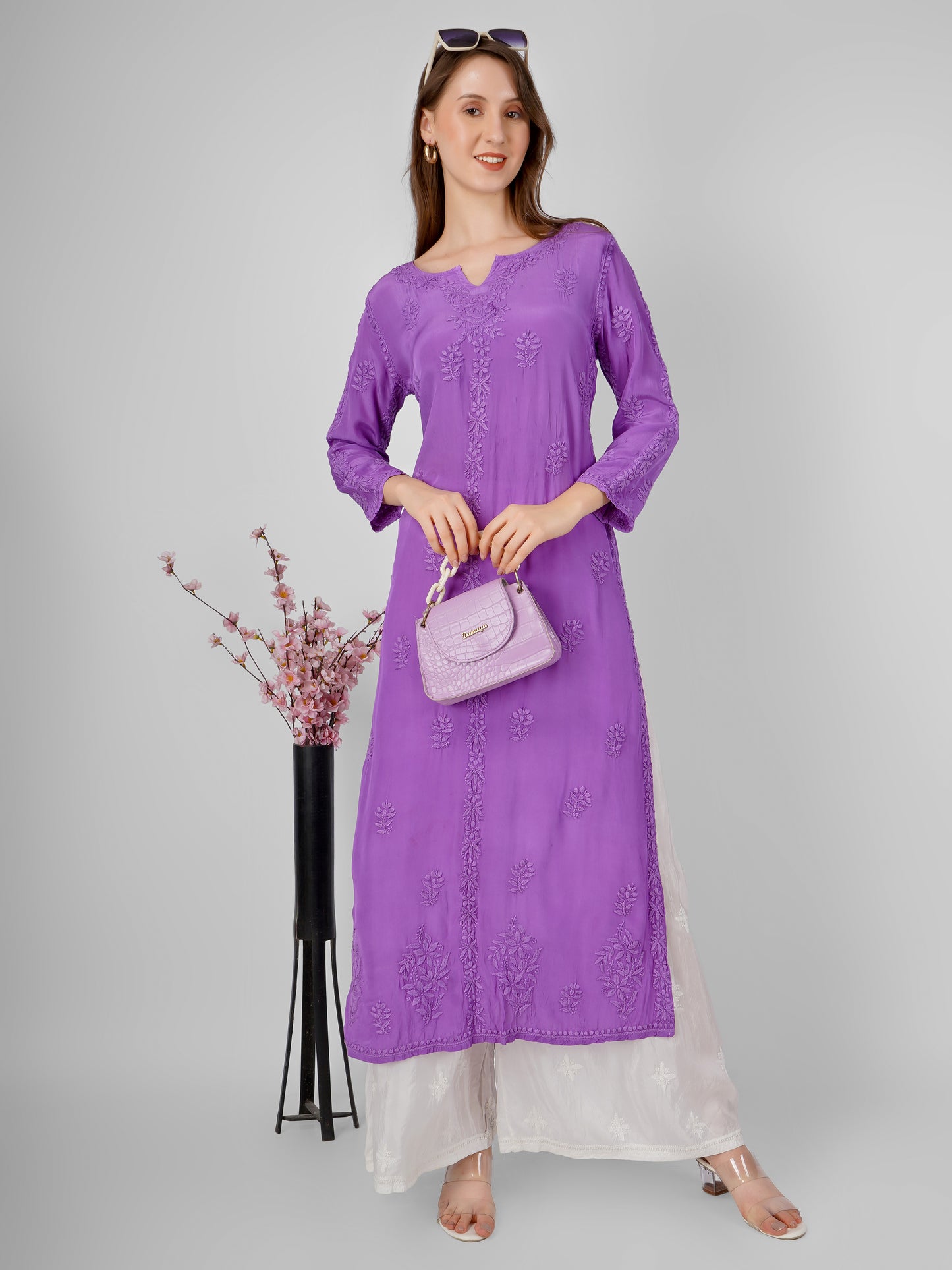 Purple Pure Crepe Designer Chikankari Kurti