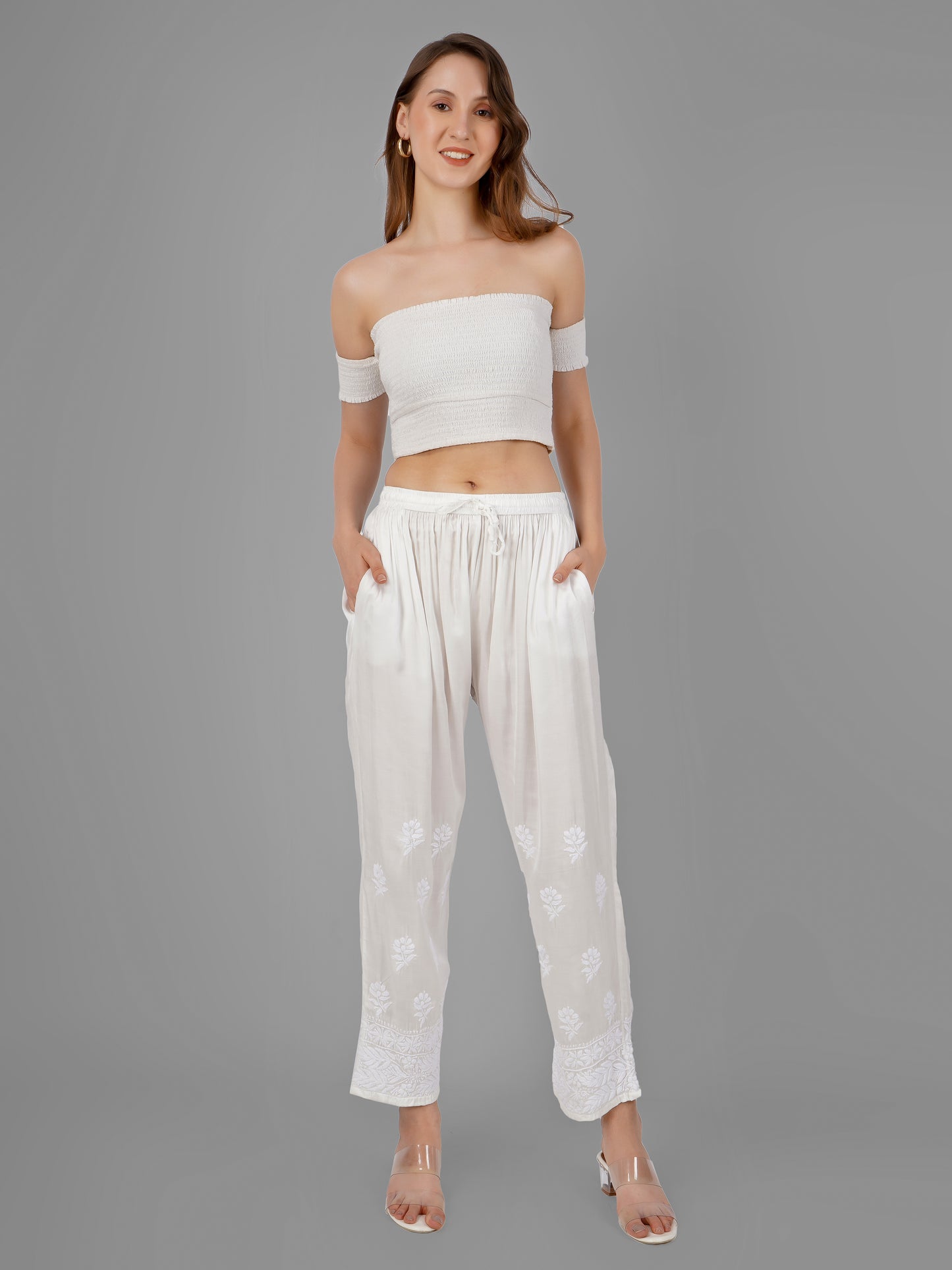Modal satin White Chikankari Pants