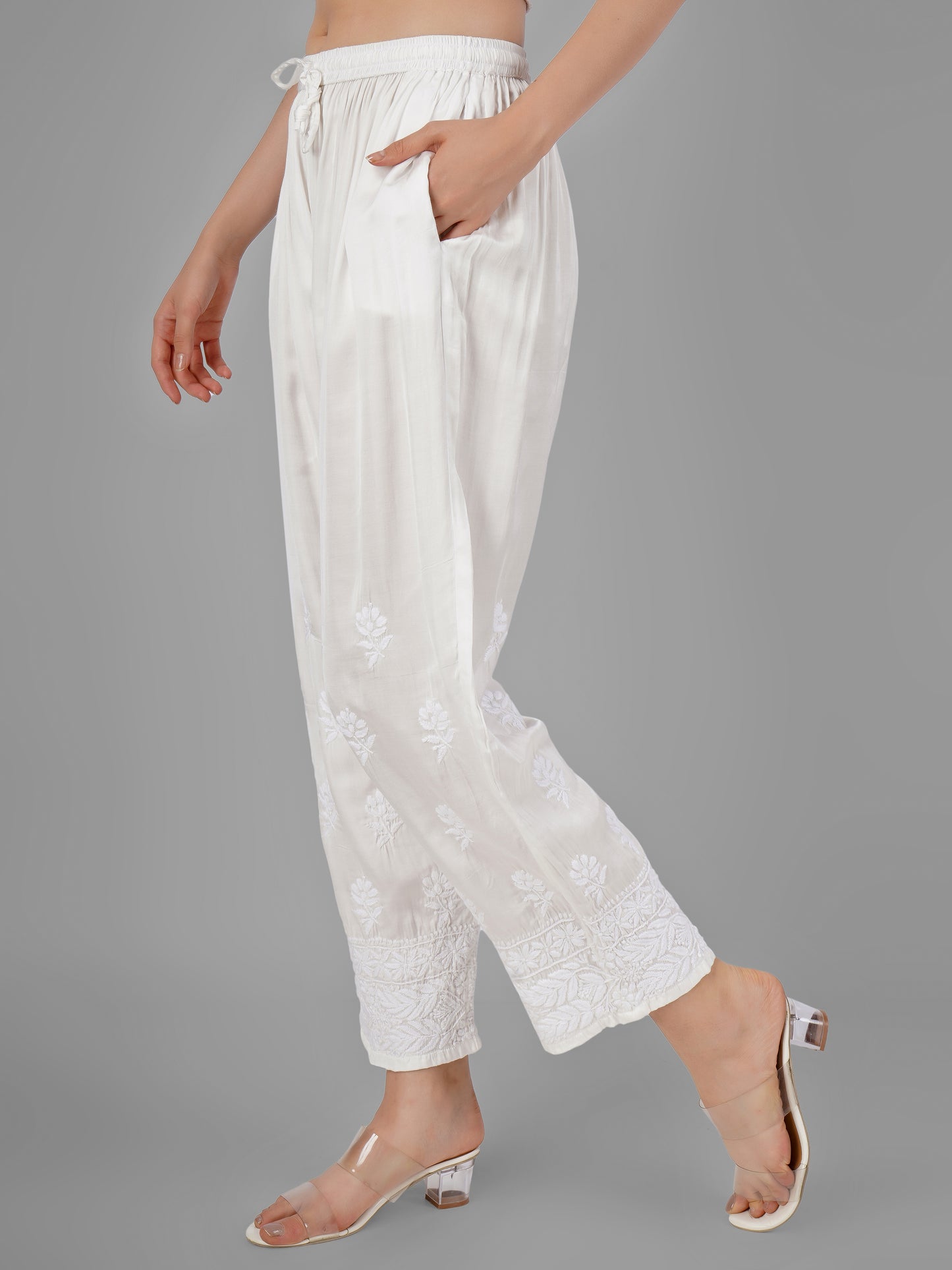 Modal satin White Chikankari Pants