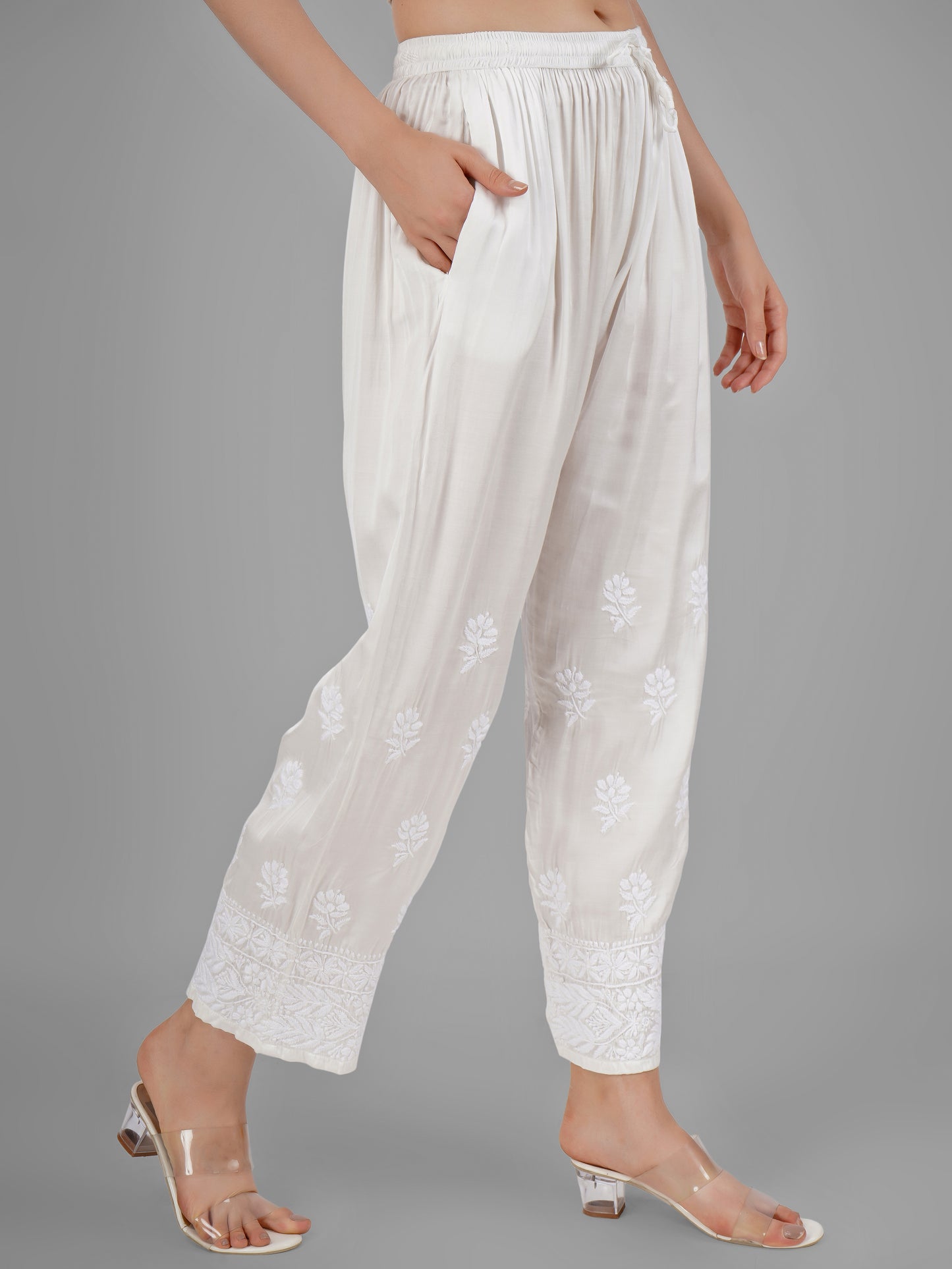 Modal satin White Chikankari Pants