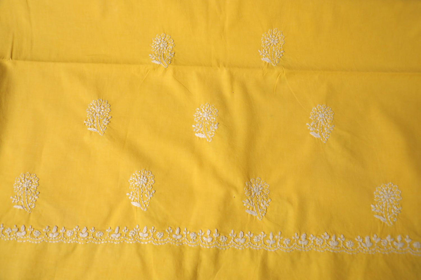 Cheerful Mul Yellow Cotton Unstitched Chikankari Kurta Pant Set