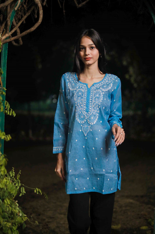 'The Dreamy Sky'  Mul Chanderi  Chikankari Short Kurti