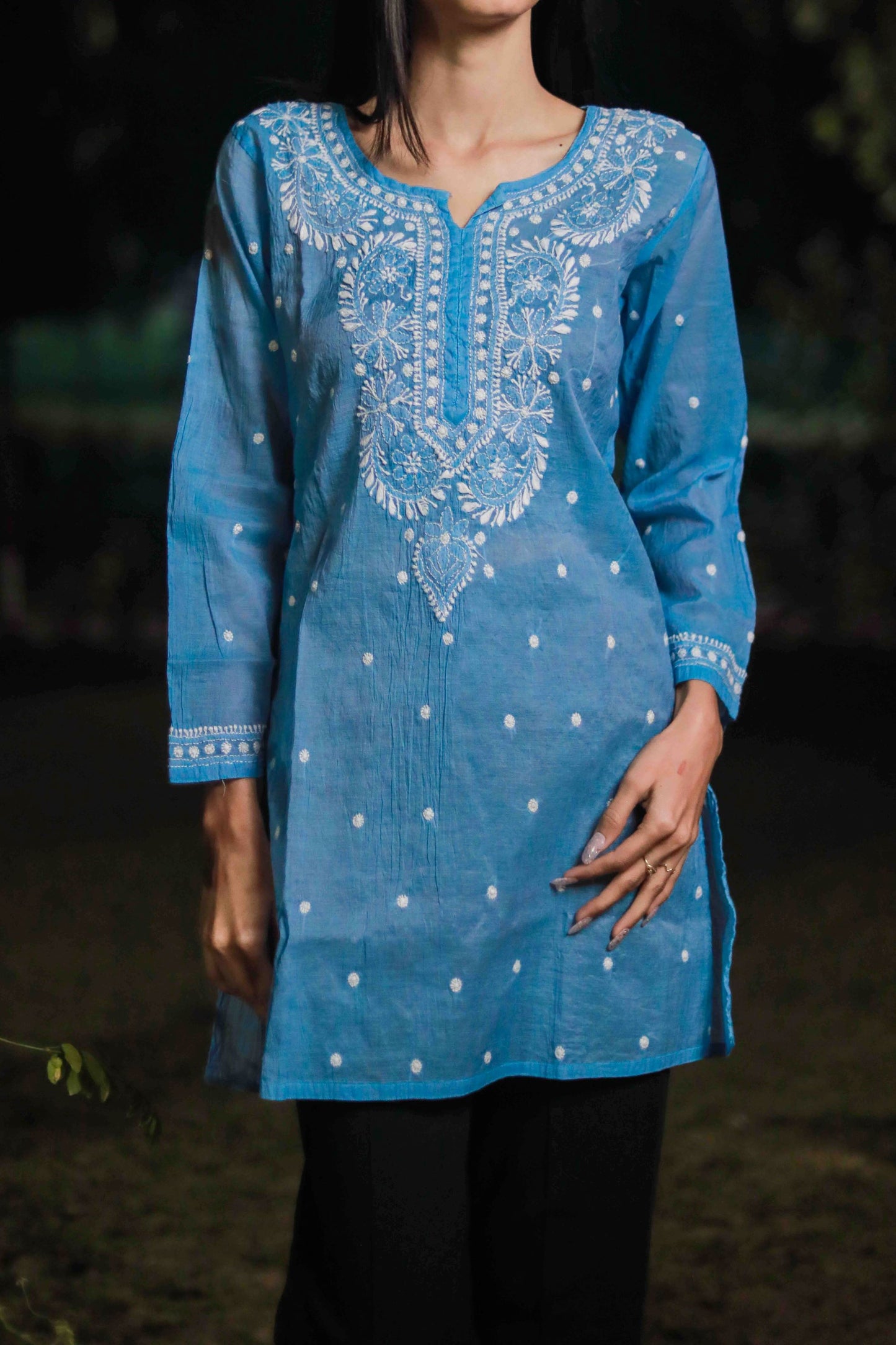 'The Dreamy Sky' Mul Chanderi Chikankari Short Kurti