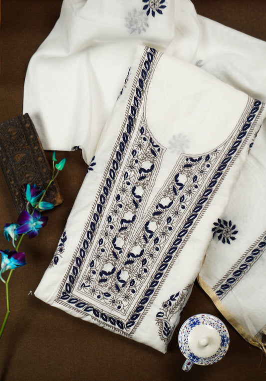 Chanderi White Unstitched Kurti-Dupatta set in fine Chikankari Embroidery