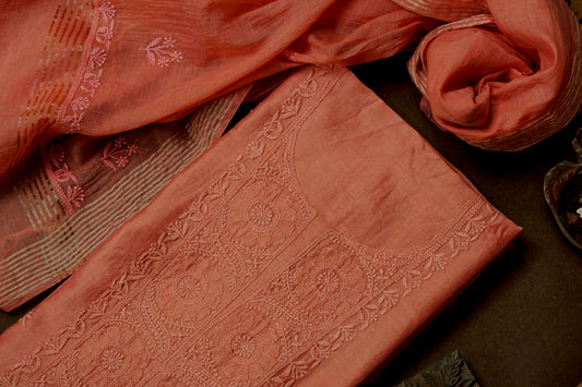 Coral Chanderi Unstitched Chikankari Suit Set
