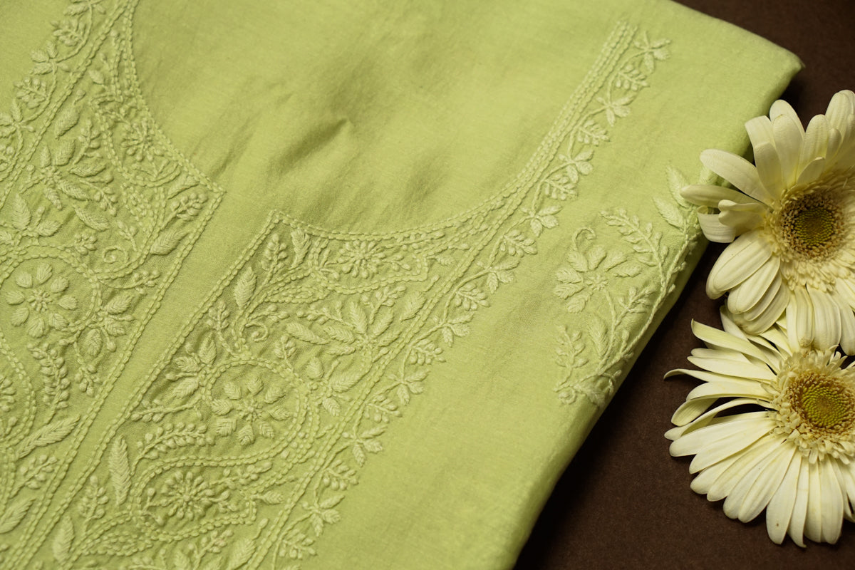 Green Chanderi Unstitched Chikankari suit set