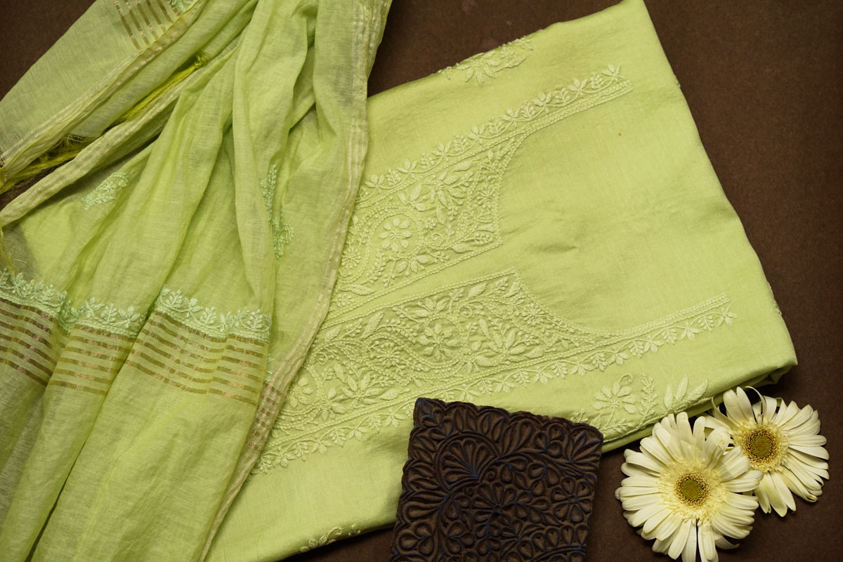 Green Chanderi Unstitched Chikankari suit set