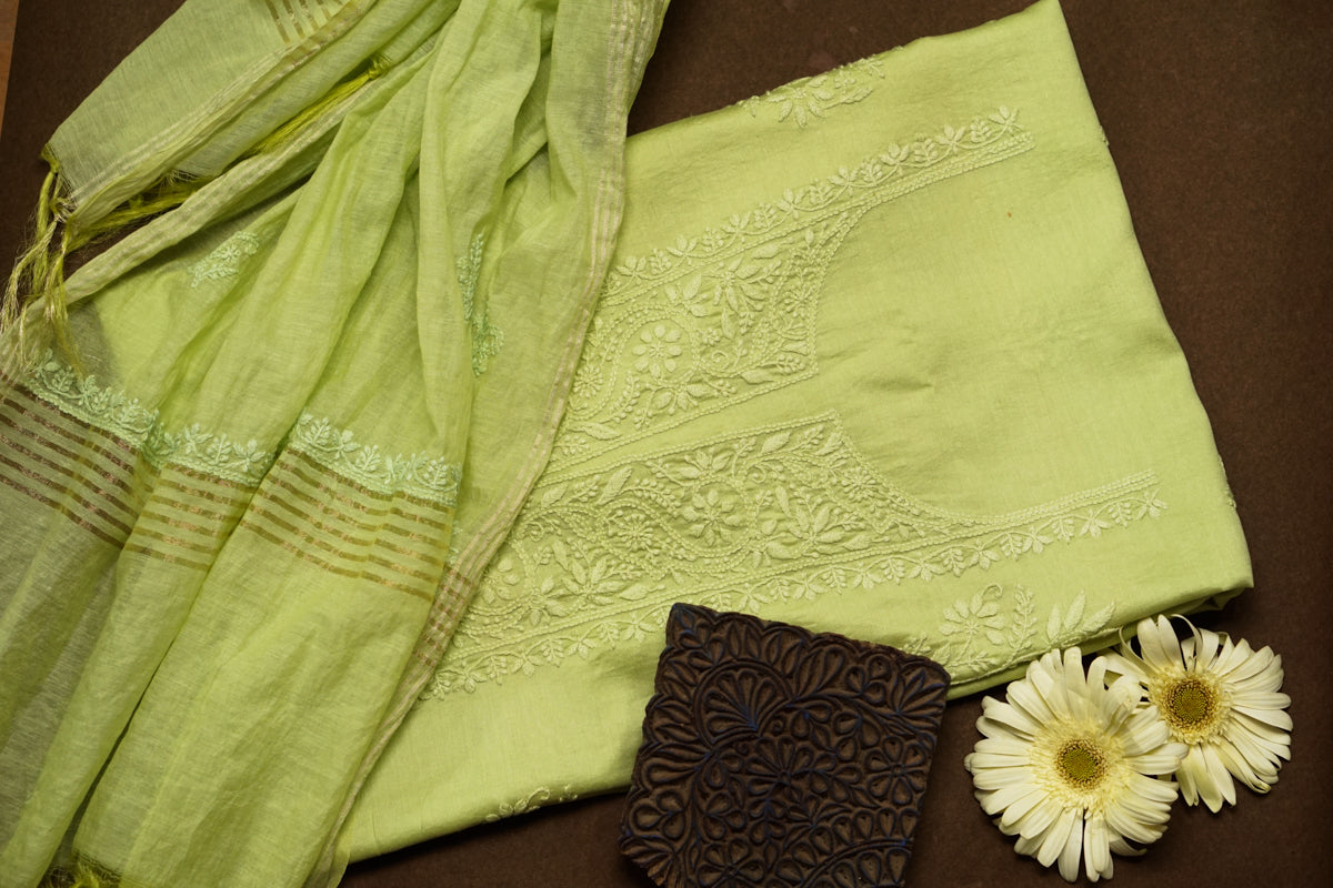 Green Chanderi Unstitched Chikankari suit set