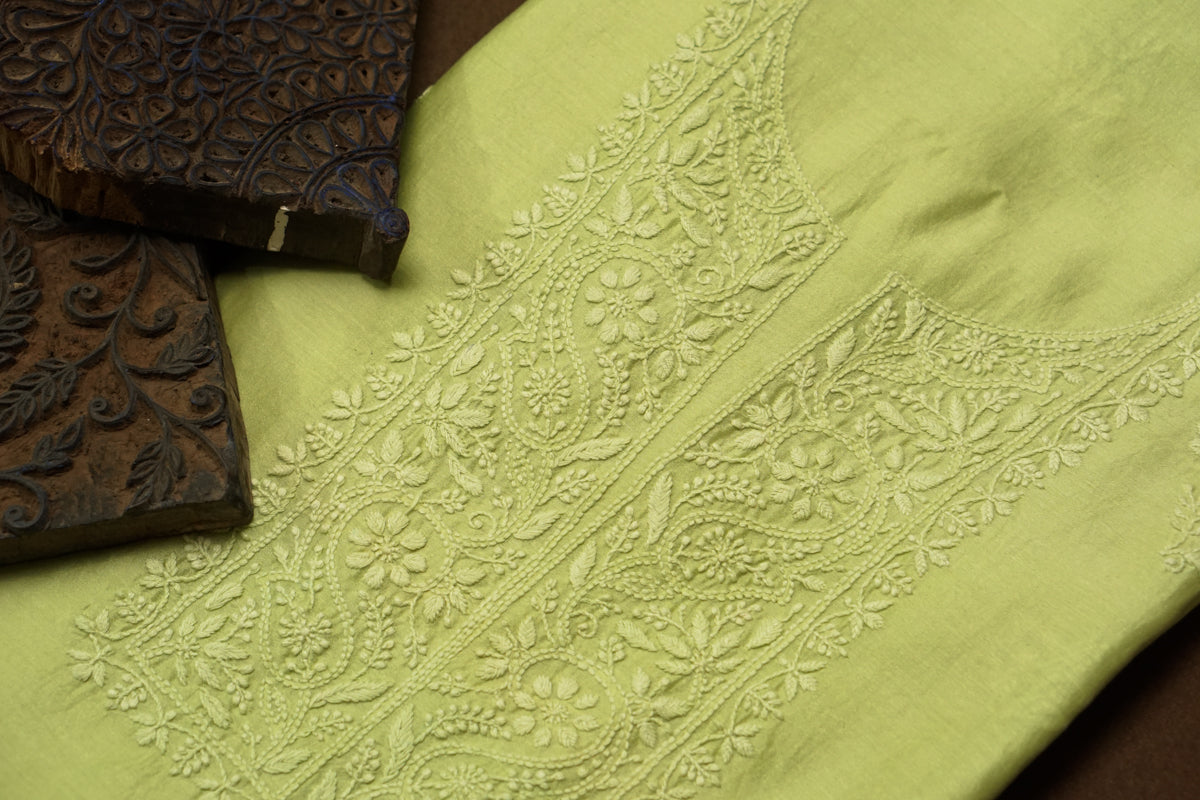 Green Chanderi Unstitched Chikankari suit set