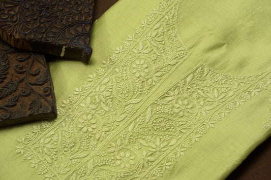 Green Chanderi Unstitched Chikankari suit set
