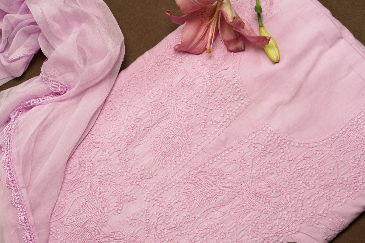 Trending Lilac Mul Cotton Unstitched Chikankari Suit set