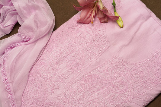 Trending Lilac Mul Cotton Unstitched Chikankari Suit set
