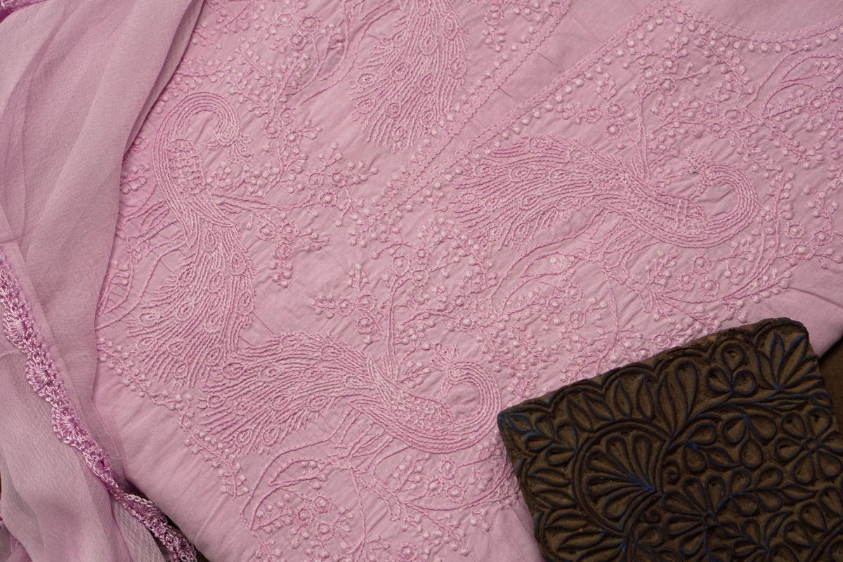 Trending Lilac Mul Cotton Unstitched Chikankari Suit set