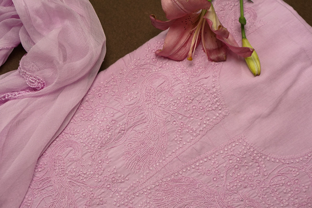 Trending Lilac Mul Cotton Unstitched Chikankari Suit set