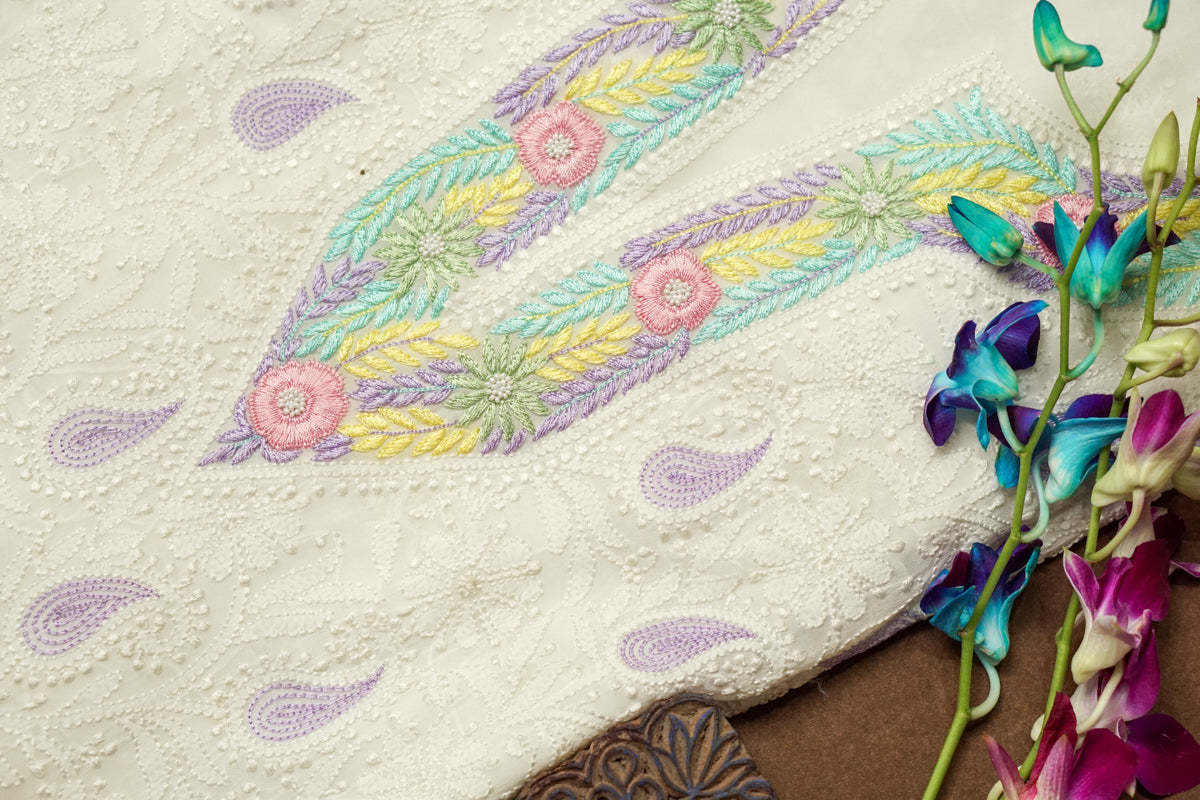 Pure Georgette Premium White Chikankari Kurti & Dupatta Material