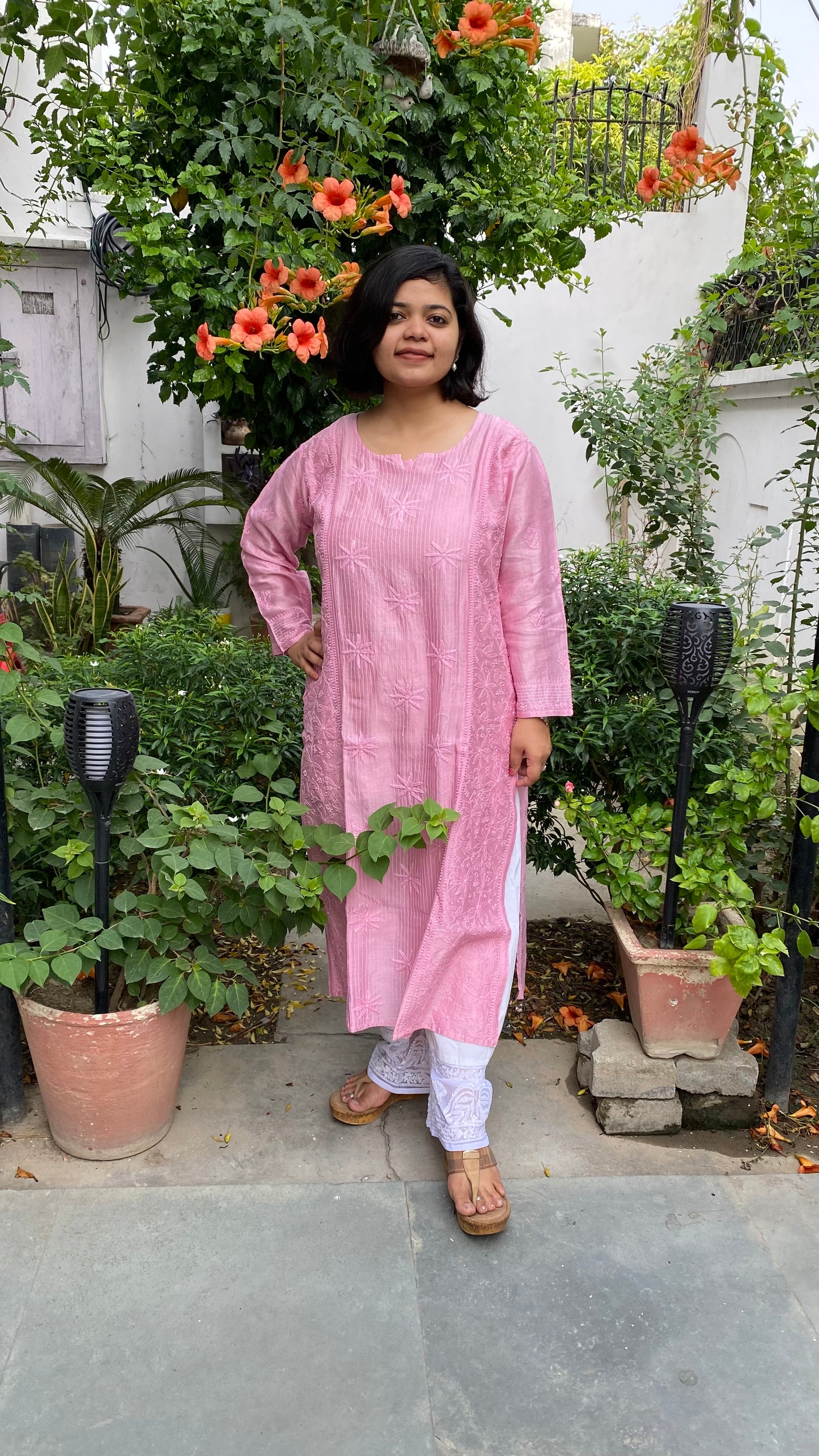 Chanderi Chikankari Pink Long Kurti
