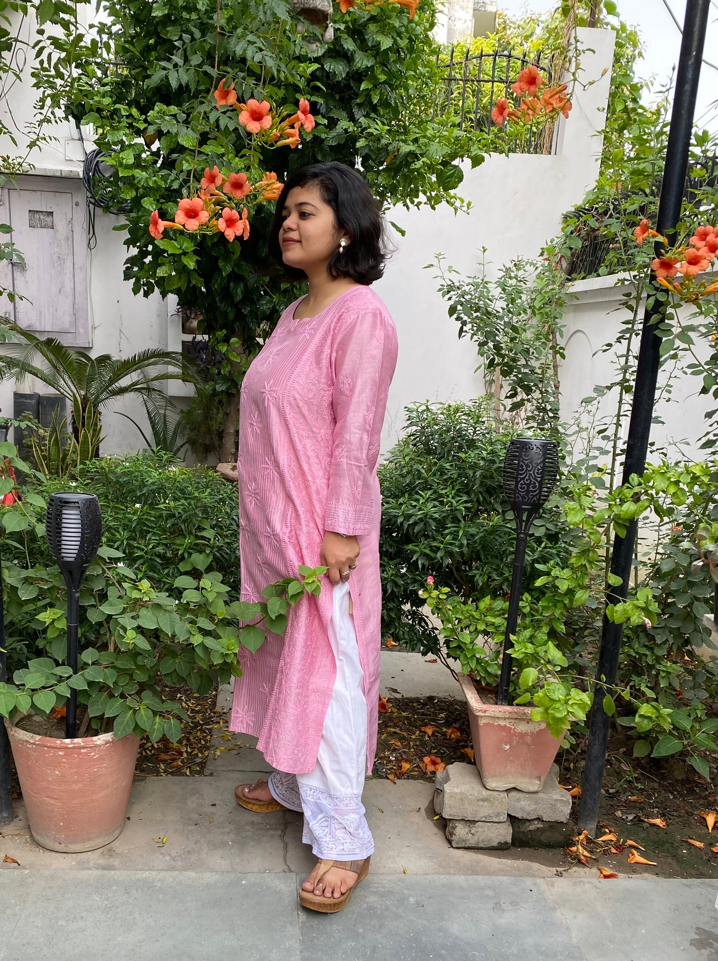 Chanderi Chikankari Pink Long Kurti