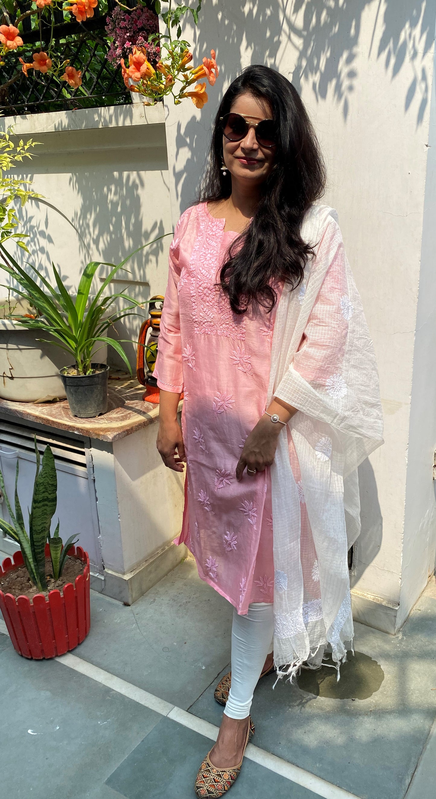 Pink Chanderi Chikankari Medium Length Kurti