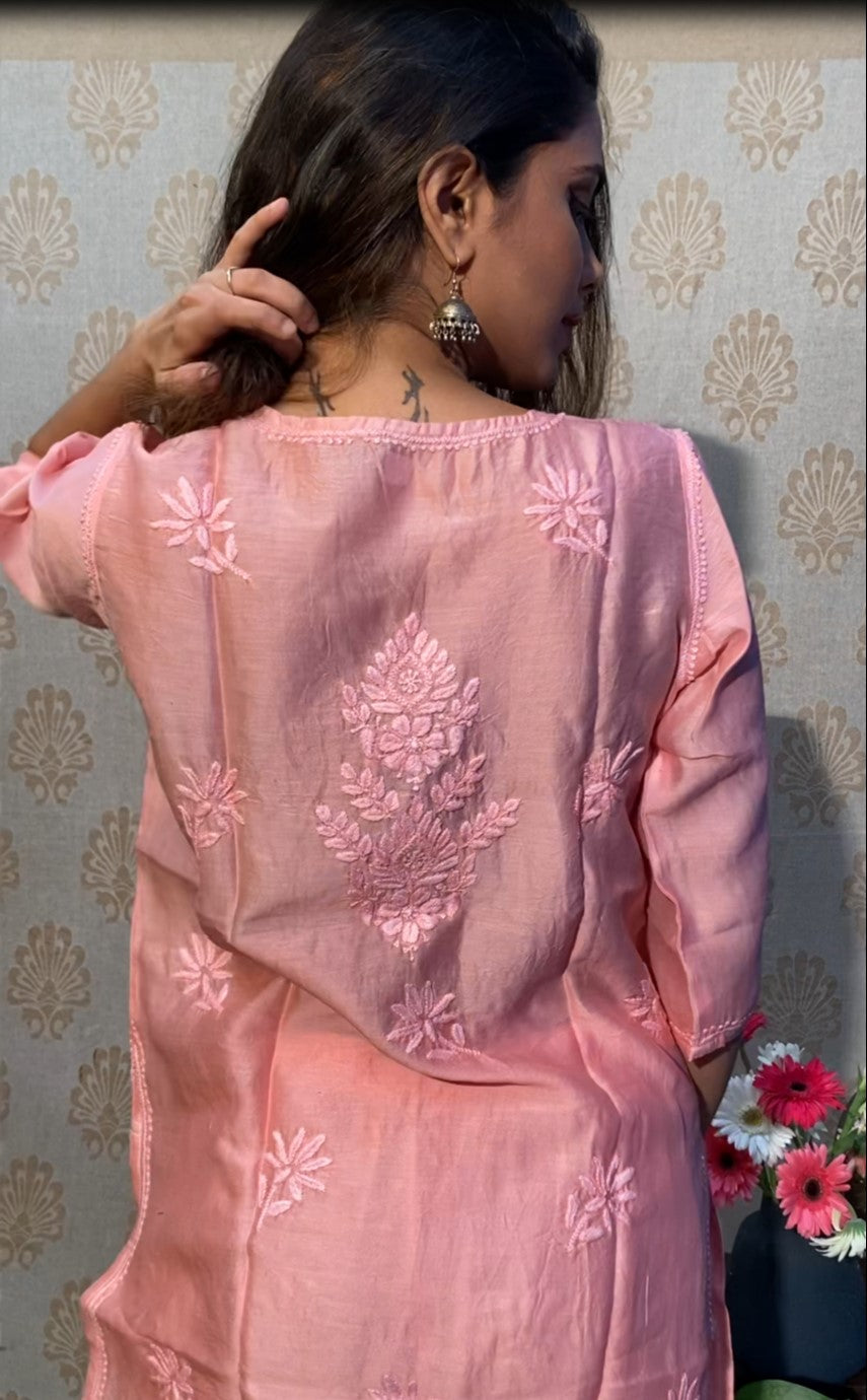 Pink Chanderi Chikankari Medium Length Kurti