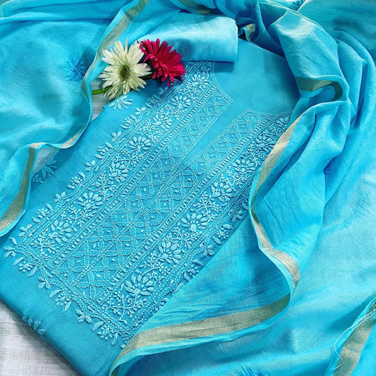 Blue Chanderi Chikankari Unstitched suit set