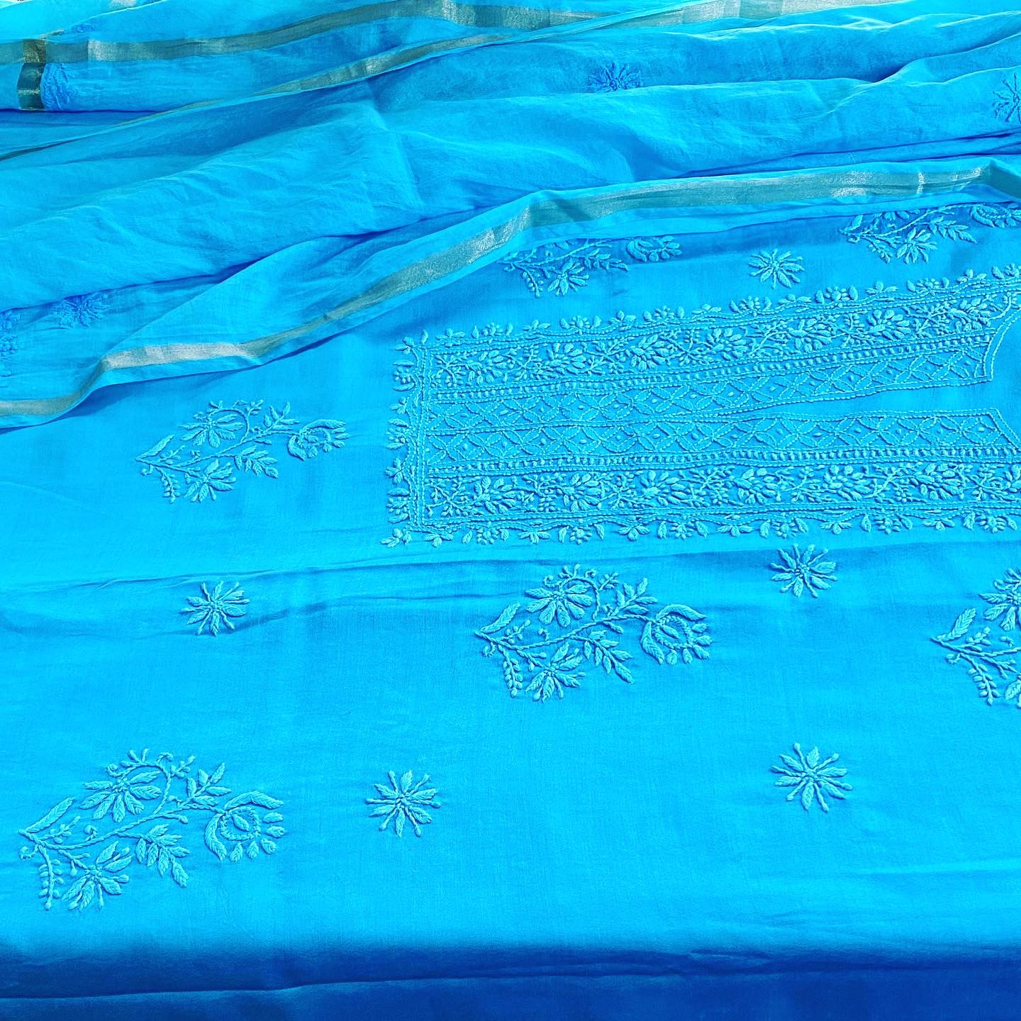 Blue Chanderi Chikankari Unstitched suit set