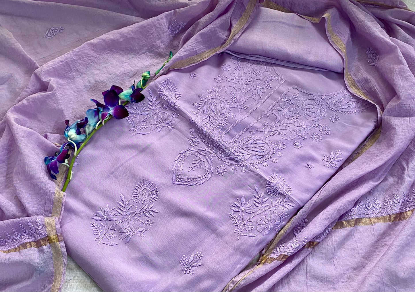 Lilac Chanderi Chikankari Unstitched suit set