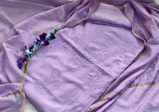 Lilac Chanderi Chikankari Unstitched suit set