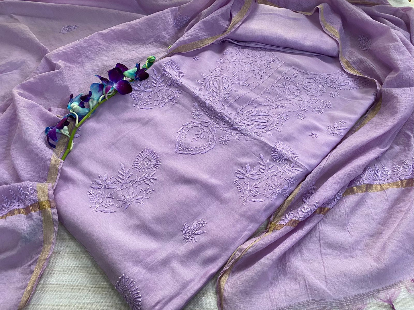 Lilac Chanderi Chikankari Unstitched suit set