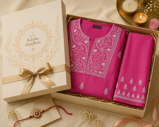 Gift Box - Lotus Pink Cotton Unstitched Chikankari Kurta Pant Set