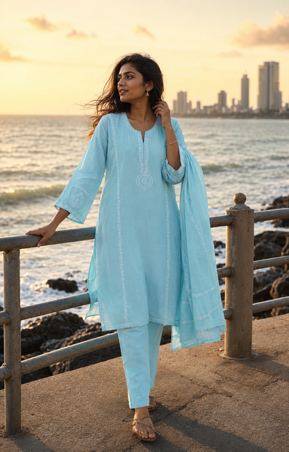 'Sky Veil' Blue Mul Chanderi Chikankari Unstitched Set