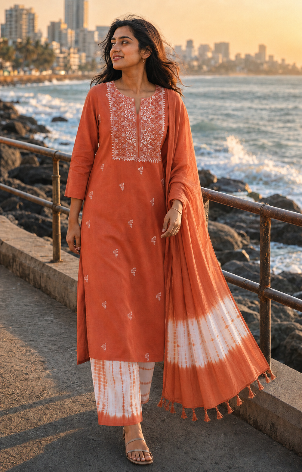 Rust Orange Tie and Dye Soft Cotton  Unstitched Chikankari Suit Set
